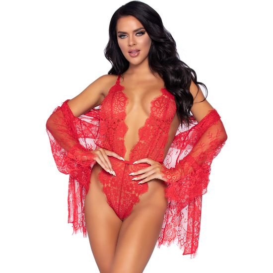 Floral Lace Teddy & Robe Rojo